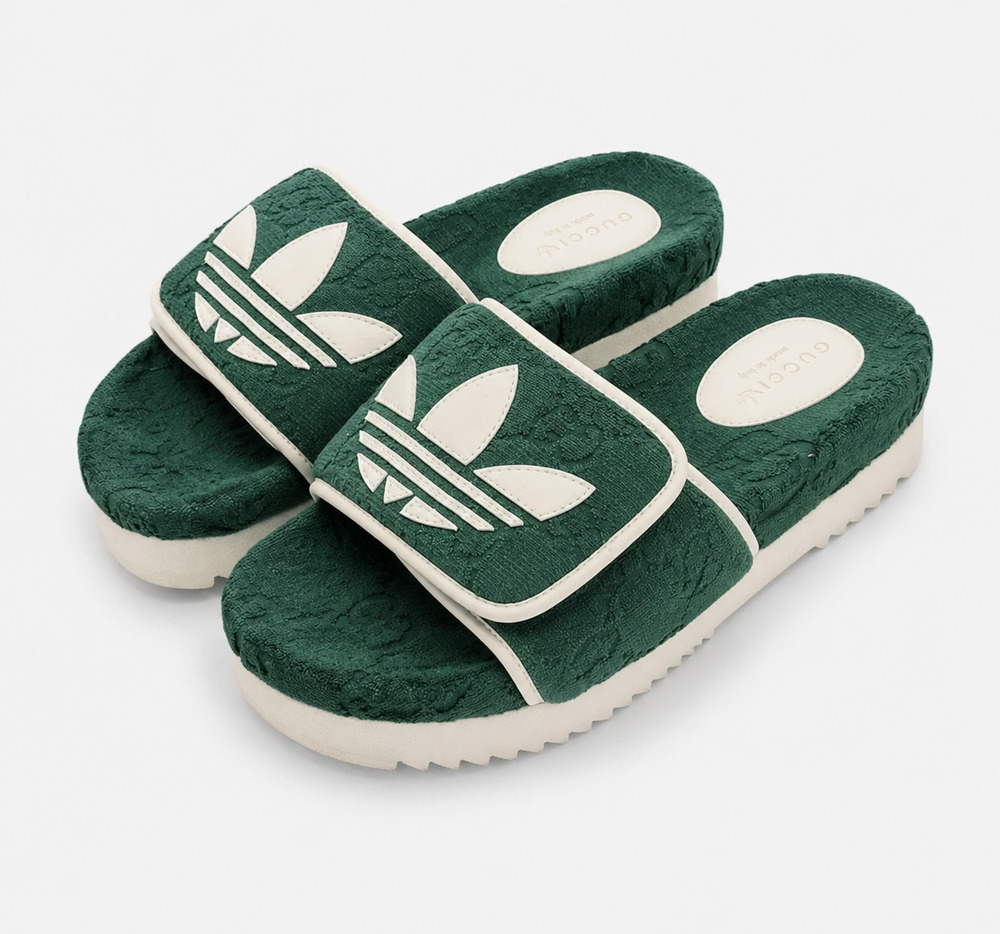 Gucci x Adidas GG Supreme Green Terry Platform Slide Sandals Size 38 NEW